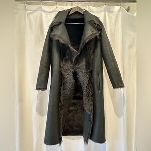 Reiss Elia Dark Green Genuine Shearling Coat